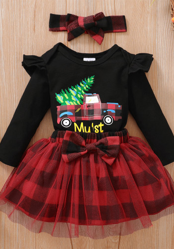 Girls Autumn and Winter Christmas Long Sleeve Printed Bodysuit + Plaid Puffy Mesh Skirt