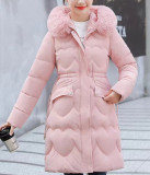 Winter Ladies Long Cotton Padded Clothes Slim Fit Jacket Fur Collar Hooded Cotton-padded Coat
