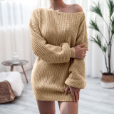Fall/Winter Women's Long Sleeve Off Shoulder Casual Loose knitting Sweater Dress