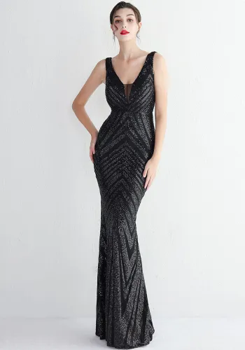 Plus Size Beauty Elegant Sequins Sleeveless V-neck Mermaid Formal Party Evening Dress
