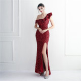 Elegant Sequin Ruffled One Shoulder Slit Prom Dress Slim Fit Fishtail Formal Party Evening Gowns