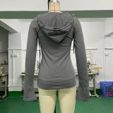 Women's T-Shirt Slim Fit Deep V-Neck Hoodie Drawstring Pocket Patchwork Top