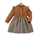 Brown Long Sleeve Button Plaid Kids Dress