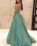 Straps V-neck Sparkling Long Swing A-Line Slim Fit Evening Gown