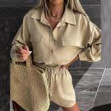 Women Chic Solid Shirt And Drawstring Shorts Two Piece