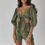 Women Sexy Balloon Sleeve Solid Lace Up Top and Shorts Two-Piece Set