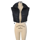Women Solid Turn Down Collar Padded Vest