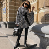 Women Houndstooth Wool Loose Lace-Up Cape Coat