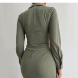 Women V-Neck French Pleated Long Sleeve Bodycon Dress