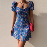 Summer Women Backless Puff Sleeve Floral French Dress