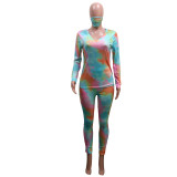Women Casual Tie Dye Round Neck Long Sleeve Top and Pant Two-Piece Mask