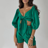 Women Sexy Balloon Sleeve Solid Lace Up Top and Shorts Two-Piece Set