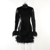 WomenPu Leather with fur Turtleneck Long Sleeve Bodycon Dress