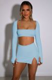 Women Square Tie Crop Top And Bodycon Skirt Two Piece