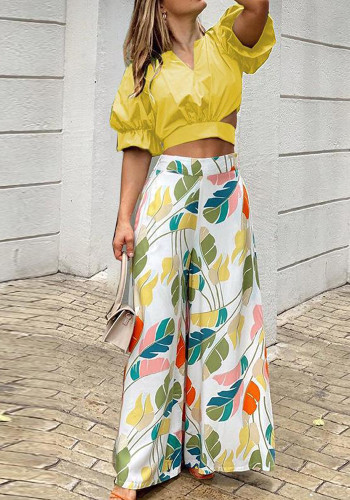 Women Chic Puff Sleeve Tie Top And Wide Leg Pants Two Piece