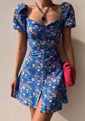 Vestido francés floral sin espalda con mangas abullonadas de verano para mujer