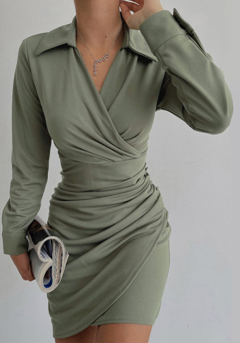 Damen V-Ausschnitt Französisch Plissee Langarm Bodycon Kleid