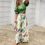 Women Chic Puff Sleeve Tie Top And Wide Leg Pants Two Piece