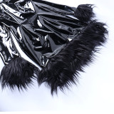 WomenPu Leather with fur Turtleneck Long Sleeve Bodycon Dress