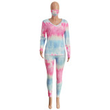 Women Casual Tie Dye Round Neck Long Sleeve Top and Pant Two-Piece Mask