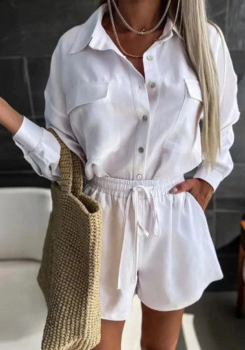 Camisa sólida elegante para mujer y pantalones cortos con cordón de dos piezas