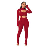 Women Fall Winter Sexy Lace Up Long Sleeve Top and Pant Three-Piece