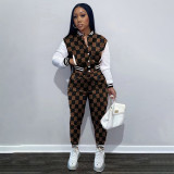 Women Casual Print Colorblock Long Sleeve Baseball Jacket and Pant Two Piece
