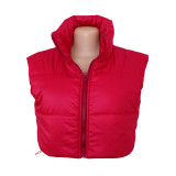 Women Solid Turn Down Collar Padded Vest