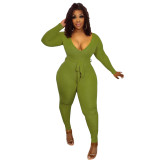 Women Fall/Winter Ribbed V-Neck Tie Jumpsuit