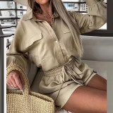 Women Chic Solid Shirt And Drawstring Shorts Two Piece