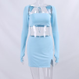 Women Square Tie Crop Top And Bodycon Skirt Two Piece