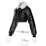 French Vintage Fleece Jacket Trendy Spring Lamb Wool Turndown Collar Zipper Long Sleeve Top