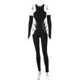 Autumn women's solid color off-the-shoulder long-sleeved sexy hollow slim Jumpsuit