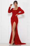 Fall/Winter Women's Sexy Long Sleeve Split Trailing Sequin Formal Party Evening Dress