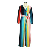 V-neck sexy women's autumn and winter rainbow striped long belt jumpsuit