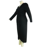 Plus Size Women's V-Neck Irregular Pleated Long Sleeve Solid Color Slit Dress
