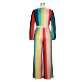V-neck sexy women's autumn and winter rainbow striped long belt jumpsuit