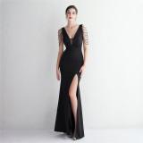 Satin Beaded Long Formal Party Slim Fit Evening Gown Chic Elegant Long Sequined Annual Meeting Host Dress