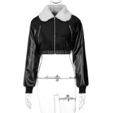 French Vintage Fleece Jacket Trendy Spring Lamb Wool Turndown Collar Zipper Long Sleeve Top