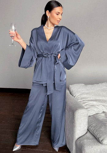 Pijama de camisola de cetim de cetim primavera e verão de renda cor sólida conjunto doméstico pijama feminino solto
