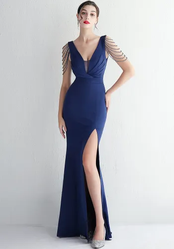 Satin Beaded Long Formal Party Slim Fit Evening Gown Chic Elegant Long Sequined Annual Meeting Host Dress