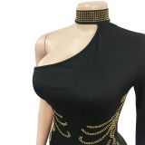 Fashion Women's Solid Beaded One Shoulder Long Sleeve Maxi Dress