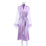 Summer Pajamas Fashion Feather Patchwork Mesh Purple Nightgown Ladies Homewear