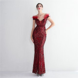 High Density Strong Sequin Positioning Flower Formal Party Slim Fit Sexy Evening Dress