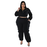 Fashion Plus Size Fall/Winter Women's Zip Stand Collar Frill Pants Set Solid Color Two Piece