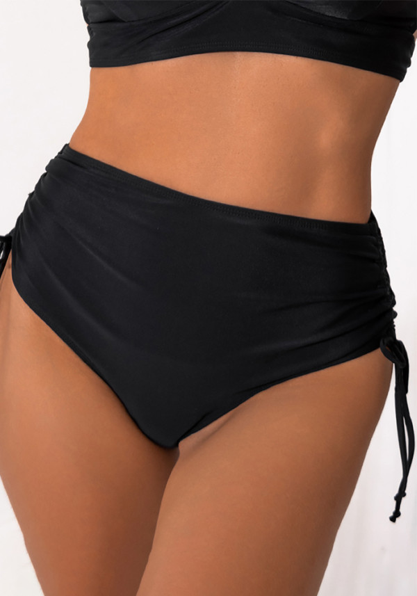 Solid color drawstring pleated high waist sexy swimming trunks
