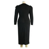Plus Size Women's V-Neck Irregular Pleated Long Sleeve Solid Color Slit Dress