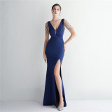 Satin Beaded Long Formal Party Slim Fit Evening Gown Chic Elegant Long Sequined Annual Meeting Host Dress