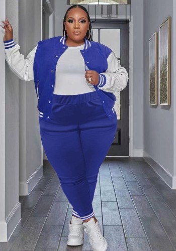 Women's Plus Size Two-Piece Ribbed Baseball Tracksuit
