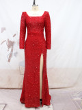 Fall/Winter Women's Sexy Long Sleeve Split Trailing Sequin Formal Party Evening Dress